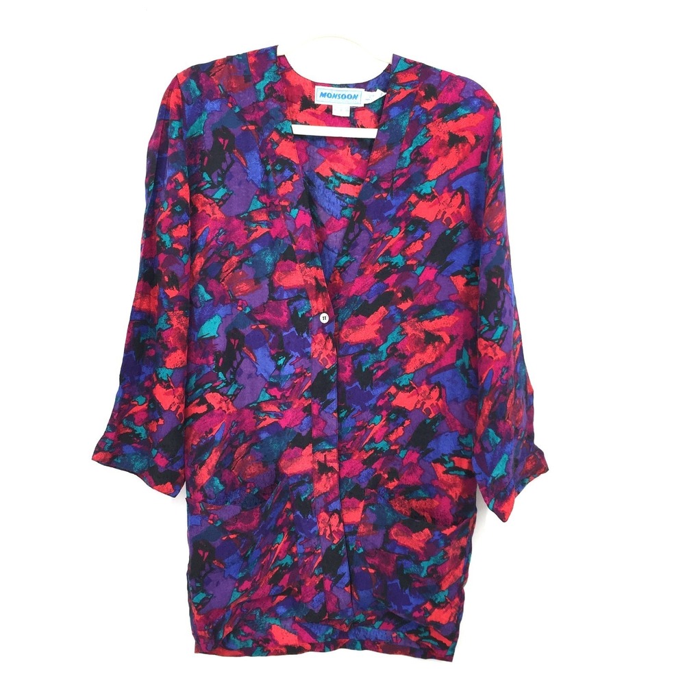 Vintage 80s Monsoon 100% silk abstract wild colorful button front top oversize 6